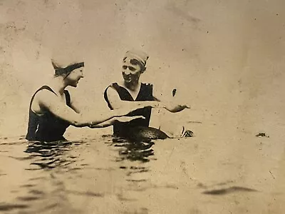 Vtg 1910s Photo Swim Lesson In Ocean Early Bathing Swim Suit Caps Man And Woman • $9.99