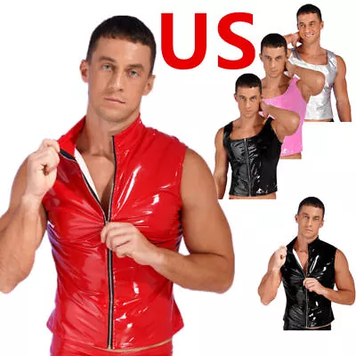 US Men Vest Top Pantent Leather Mock Neck Zipper Latex Slim Tank Jacket Clubwear • $13.10