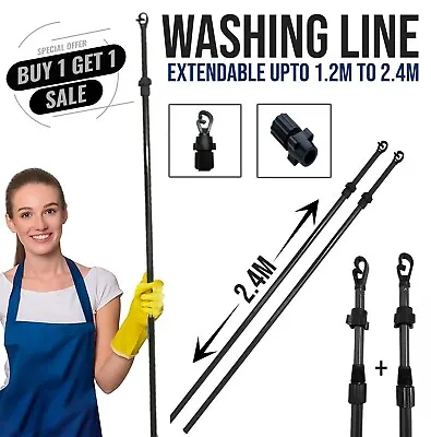 X2 Prop Line Extendable Heavy Duty Clothe Washing Pole Outdoor Garden Dryer 2.4m • £10.97