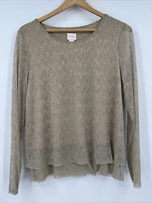 Chicos Metallic Gold Shimmer Long Sleeve Top Size 1 Large Casual • $11.89