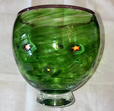 Delightful Green Art Glass Vase With Swirls MillefiorePurple Rim.Artist Signed • $24