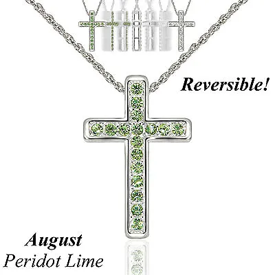 $17.99 • Buy Reversible Silver Austrian Crystal Birthstone Cross Necklace 18  Adj Chain - AUG