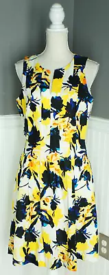 Ivanka Trump Yellow Floral Pleated Fit N Flare V-Neck Linen Blend Dress Size 12 • $22.99