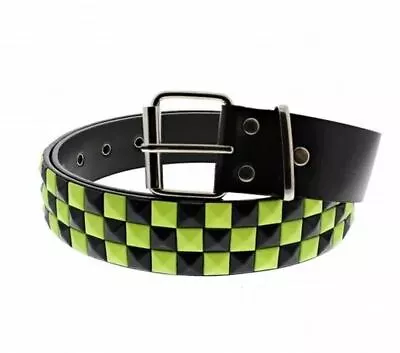 Unisex 3 Row Pyramid Studded Belt Black And Neon Yellow Check - One Size • £13.95