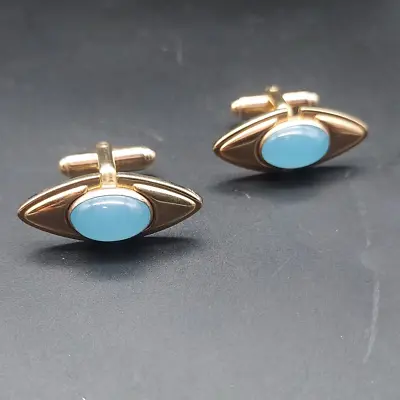 Vintage Gold Tone Light Blue Cabochon Cufflinks Diamond Eye Shape Mens Cuff Link • $12