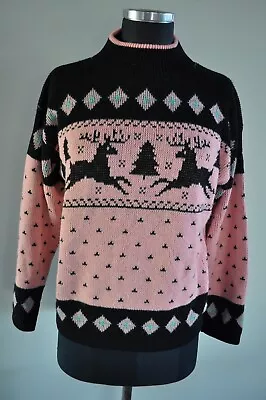 Vintage Gitano Sweater 1980’s Pink And Black Fair Isle Reindeer • $22