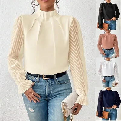 Women Long Sleeve Tee Lace Tops Ladies High Neck Shirts Basic Summer Blouse Tops • £13.19