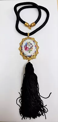 Vintage Miriam Haskell Necklace Large Floral Pendant On Black Cord With Tassel • $125