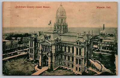 Muncie Indiana~Delaware County Courthouse Birdseye View~1913 B&W Postcard • $13