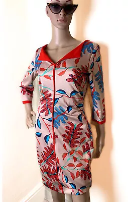 Marc Cain Light Pink Red & Blue Leaf Print Dress N2 UK 10 • £12