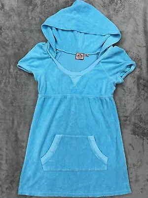 VTG Juicy Couture Mini Dress Terry Cloth Short Sleeve Hooded Blue Y2K Sz L • $54.98