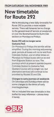 Route 292 London Transport Bus Timetable Lft Nov 1989 • £3