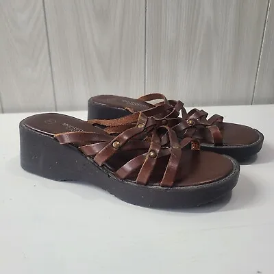 Montego Bay Club Ladies Size 7 Wedge Sandals Brown Strappy Faux Leather  • $13.90
