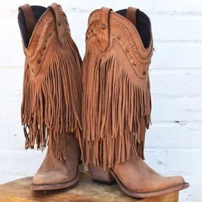Ladies Non-Slip Pointed Toe Retro Cowboy Cowgirl Boots Mid Calf Tassel Boots • $81.70