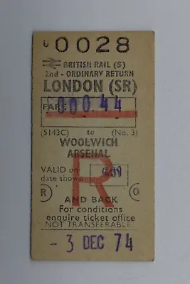 Railway Ticket London (SR) To Woolwich Arsenal BR 2nd Class #0028 • £3