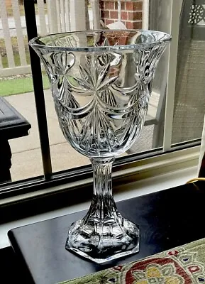 LARGE Heavy Lead Crystal Drapery Palm Leaf Cut Pedestal Wine Goblet Vase 9” • $10.95