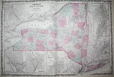 Old Antique 1863 Johnson Atlas Map ~ NEW YORK STATE - LONG ISLAND ~ Free S&H • $45.95