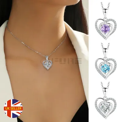 Heart Crystal Pendant 925 Sterling Silver Chain Necklace Womens Ladies Jewellery • £3.99