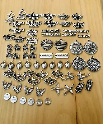 US Military Charm Pack 70~Air Force-Army-Navy~Marine~Coast Guard~Flag~Hearts • $13.50