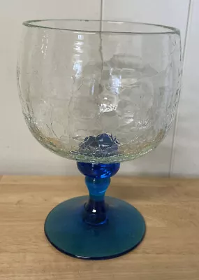 Large 8” Vtg Blenko Crackle Glass Brandy Snifter Goblet Cobalt Blue & Clear MCM • $32