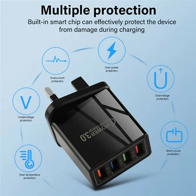 4 Multi-Port Fast Charge QC3.0 USB Hub Mains Wall Charger Adapter Plug Universal • £4.19