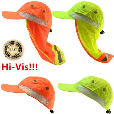 Hi Vis Reflective Sun Hat Work Neon Safety Baseball Cap With Neck Flap Wide Brim • $15.88