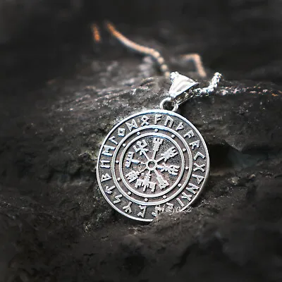 Norse Viking Compass Vegvisir Rune Pendant Necklace Sigil Stainless Steel Gift • $11.18