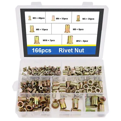 166Pcs Mixed Rivnuts Zinc Steel Rivet Nuts Kit  Flat Head Threaded Insert M3-M12 • £7.91