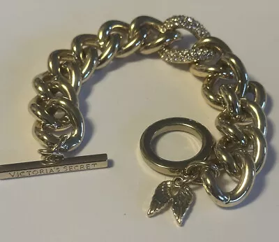 Victoria Secret Signed Curb Chain Bracelet Rhinestones & Angel Wing Charm Toggle • $11.50