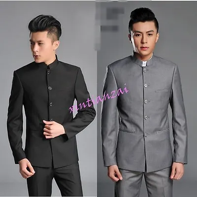 Mens Single Breasted Suit Mao Oriental Style Tunic Jacket Blazer Pants Suit New • $48.97