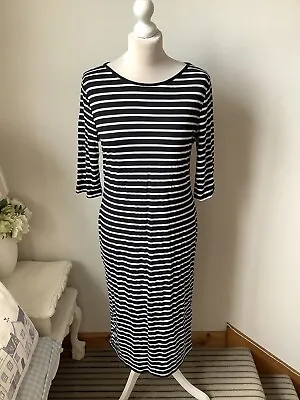 THERAPY Black White Striped Midi Dress UK 12/14 Half Sleeve Stretch Monochrome • $16.36