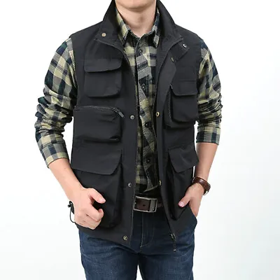 Men Waistcoat Multi Pockets Sleeveless Cargo Jacket Vest Gilet Fishing Tops • $25.84