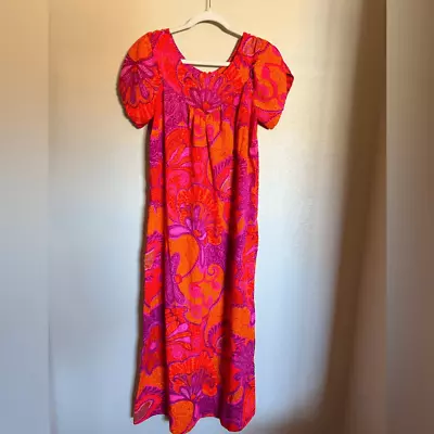 Vintage Hawaiian Barefoot Trader Maxi Muumuu Kaftan Dress Floral Psychedelic Med • $100