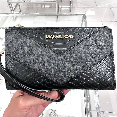 Michael Kors Jet Set Travel Double Zip Wristlet MK Logo Wallet Black Multi • $69.95