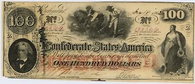 1862 Confederate States Of America $100 4th Issue African American Vignette • $250