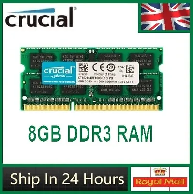 CRUCIAL DDR3 8GB 16GB 32GB 1600 MHz PC3-12800 Laptop Memory RAM SODIMM 204-Pin • £14.79