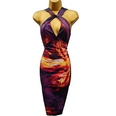 12 UK KAREN MILLEN Signature Purple Red Neon Print Stretch Wiggle Cocktail Dress • £69.99