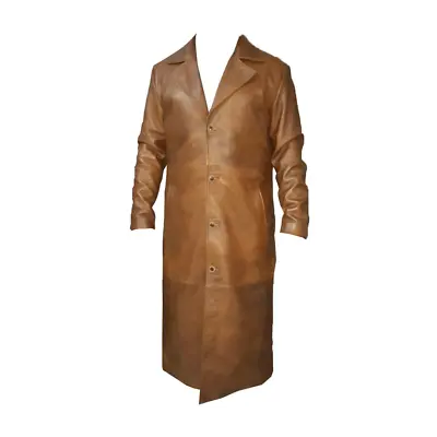 Brown Leather Trench Coat Brown Long Coat Men Long Leather Jacket • $176.12