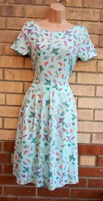 Peacocks Mint Green Birds Feather Print Short Sleeve Skater A Line Tea Dress S • $18.48