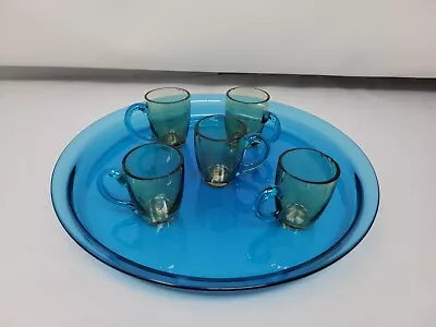 Bohemian Moser Type Blue 9  Glass Under Tray And 5 Damaged Blue Amber Cordials • $80