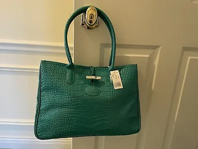 NWT Authentic Longchamp Roseau Croc Embossed Leather Tote Bag Turquoise  • $349