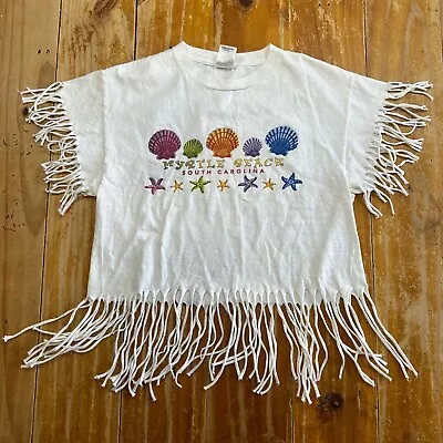 Vintage Myrtle Beach Fringed Shirt Womens Medium White Crop Top Tassels USA • $20.88