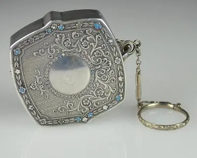 Vintage Decorative Silver Plate & Enamel Makeup Compact With Chain • $50.15