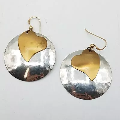 925 Silver Hammered Discs W/ Gold Filled Hearts & Hooks Dangle Earrings • $9.99