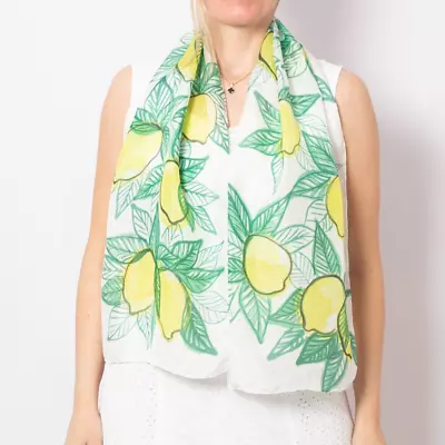 Lemon Print White Silk Scarf Hand Painted Amalfi Italy Summer Scarf 14X53 • $42