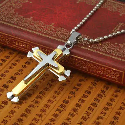 Silver & Gold Cross Pendant Chain Necklace 50cm Jesus Men's Chunky Steel • £4.95
