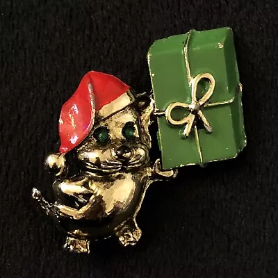 Vintage Puppy & Present Enameled Christmas Brooch Pin  • $5