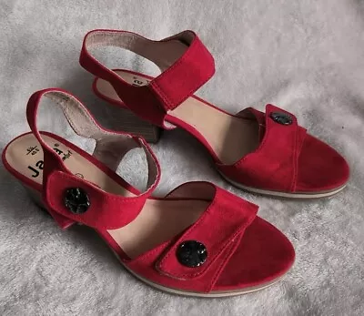 Jana Red Peep Toe  Ankle Strap Faux Suede Heeled Shoes Sandals Size UK 6.5 H /40 • £10