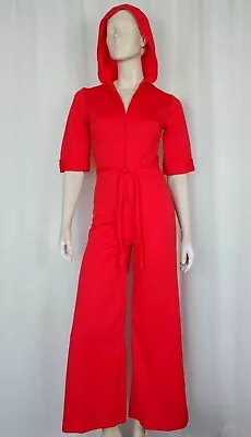 Vtg 70s Hooded Zip Front Wide Leg Jumpsuit Red XS/S • $54.87