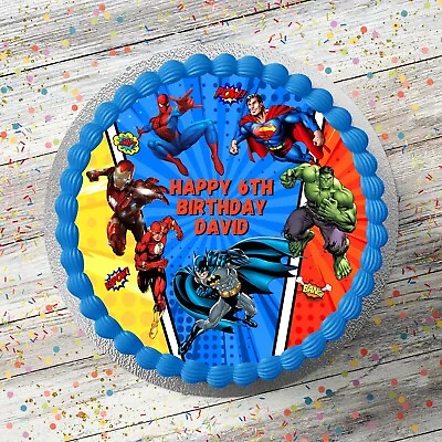 Marvel Superhero Heroes Theme Personalised 8  Round Edible Cake Topper • £5.90